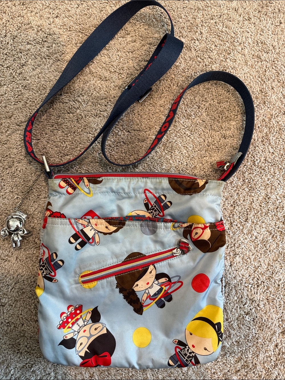 Harajuku Lovers Light Blue Crossbody Bag with Multicolor Cartoon Print